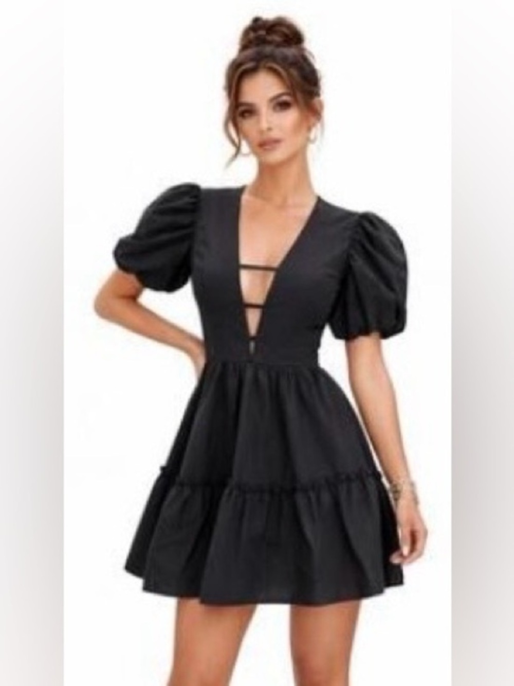 NWOT Puff Sleeve Deep V Ruffle Minidress